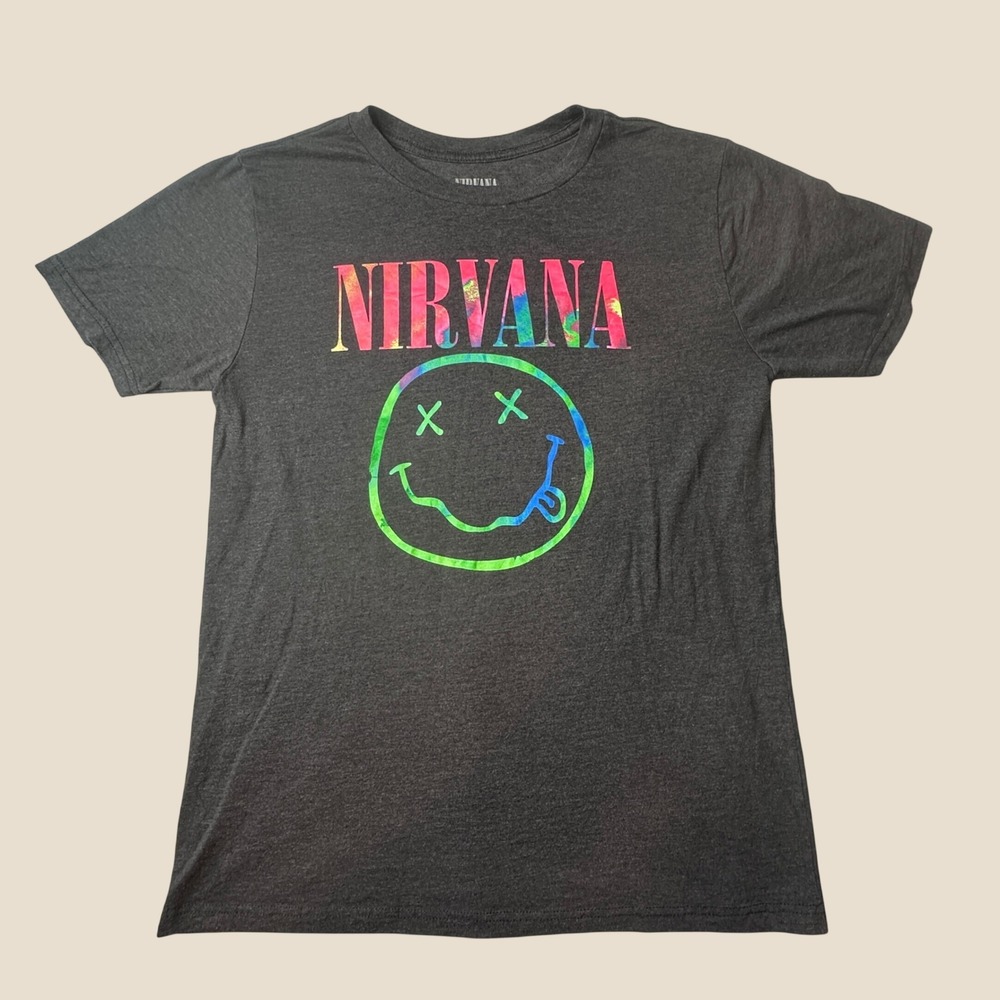 Nirvana T-Shirt Mens Large Smiley Face Logo Charcoal Gray Rainbow Graphic Tee